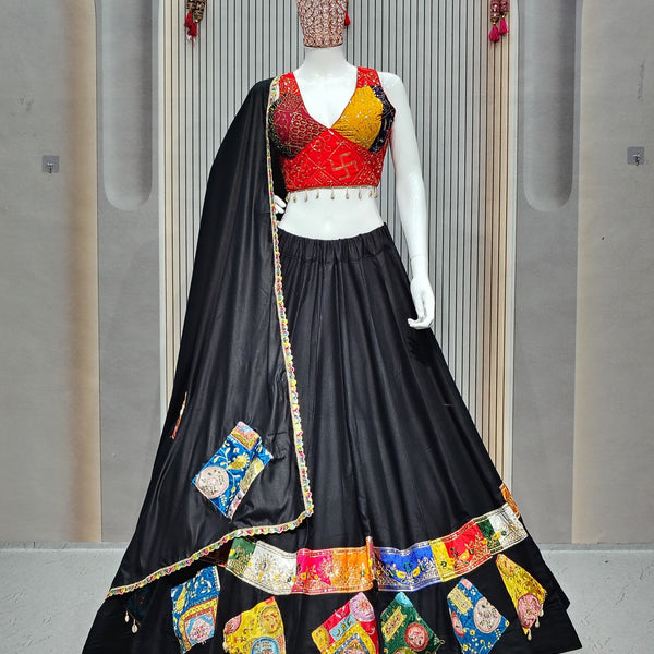 DEIANA'S Gamthi Patch With Handmade Kodi Lace Lehenga Choli - Black