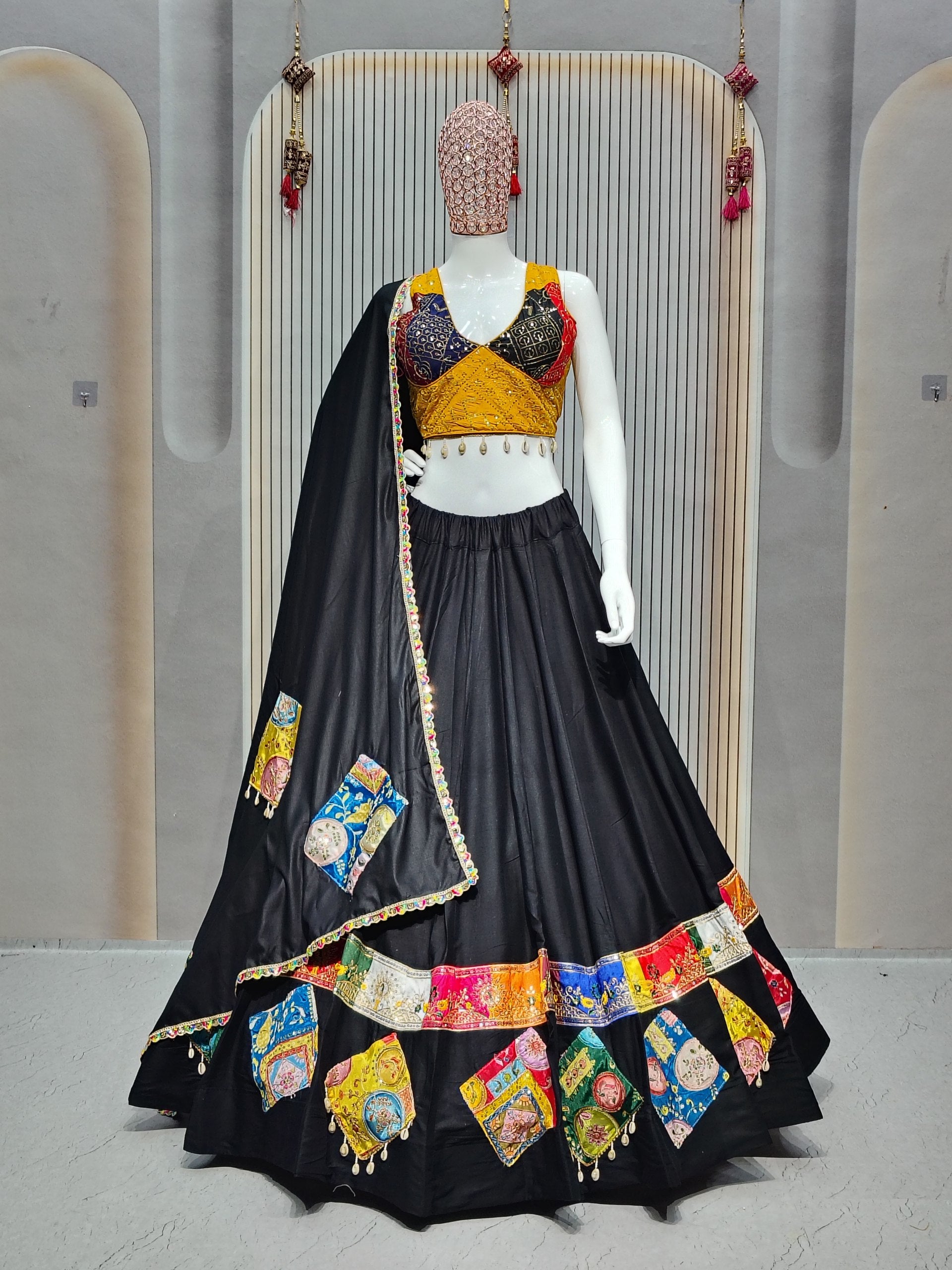 DEIANA'S Gamthi Patch With Handmade Kodi Lace Lehenga Choli - Black