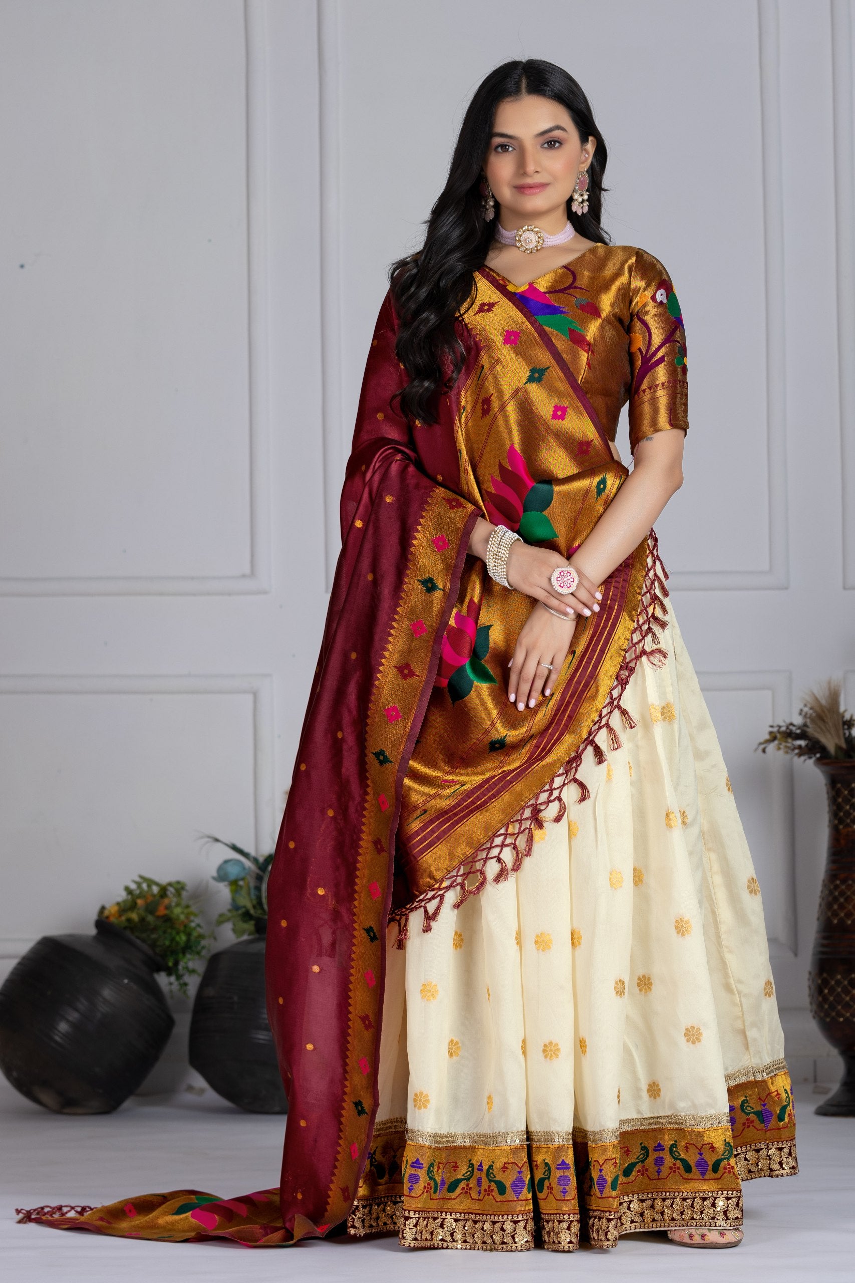 DEIANA'S Jacquard With Jari Print Weaving Lehenga Choli - Off White - Distacart