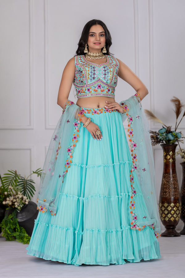 DEIANA'S Heavy Plain with crease work Lehenga Choli - Sky Blue