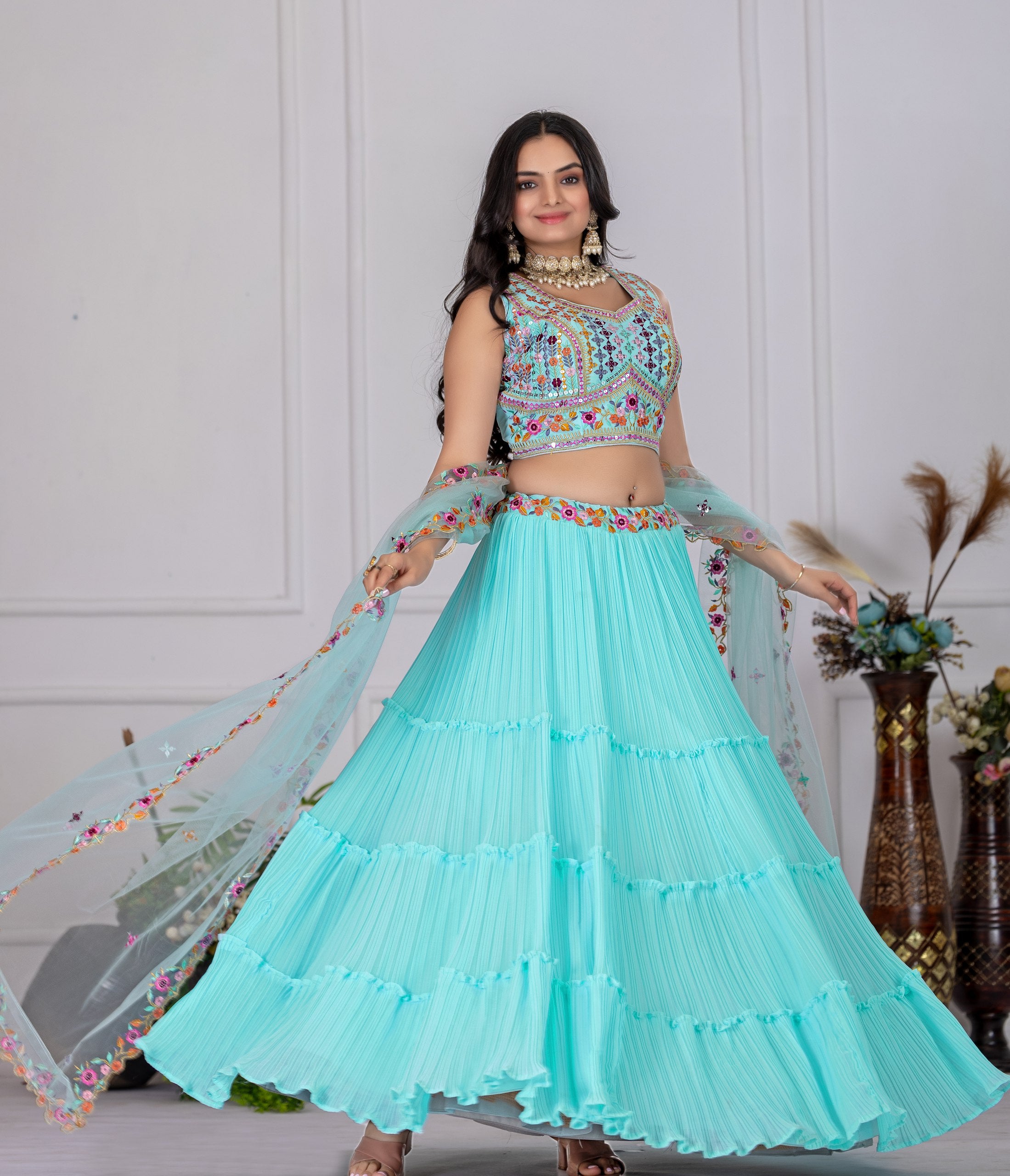 DEIANA'S Heavy Plain with crease work Lehenga Choli - Sky Blue