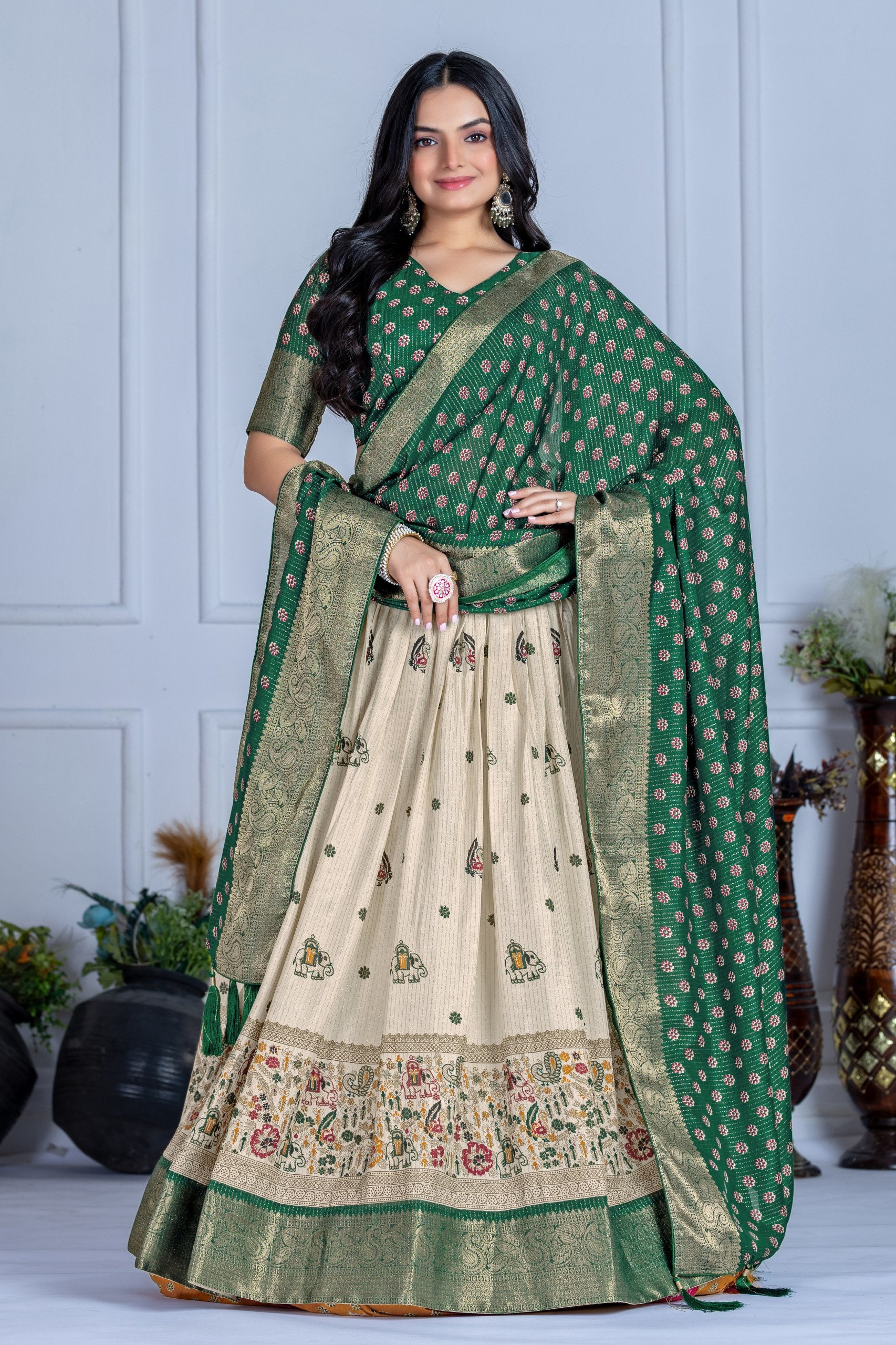 DEIANA'S Jacquard With Jari Print Weaving Lehenga Choli - Off White - Distacart