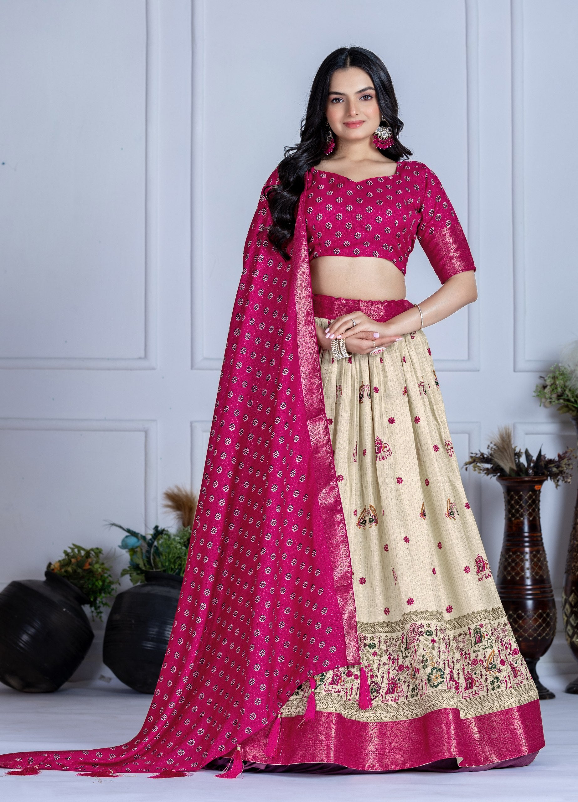 DEIANA'S Jacquard With Jari Print Weaving Lehenga Choli - Off White