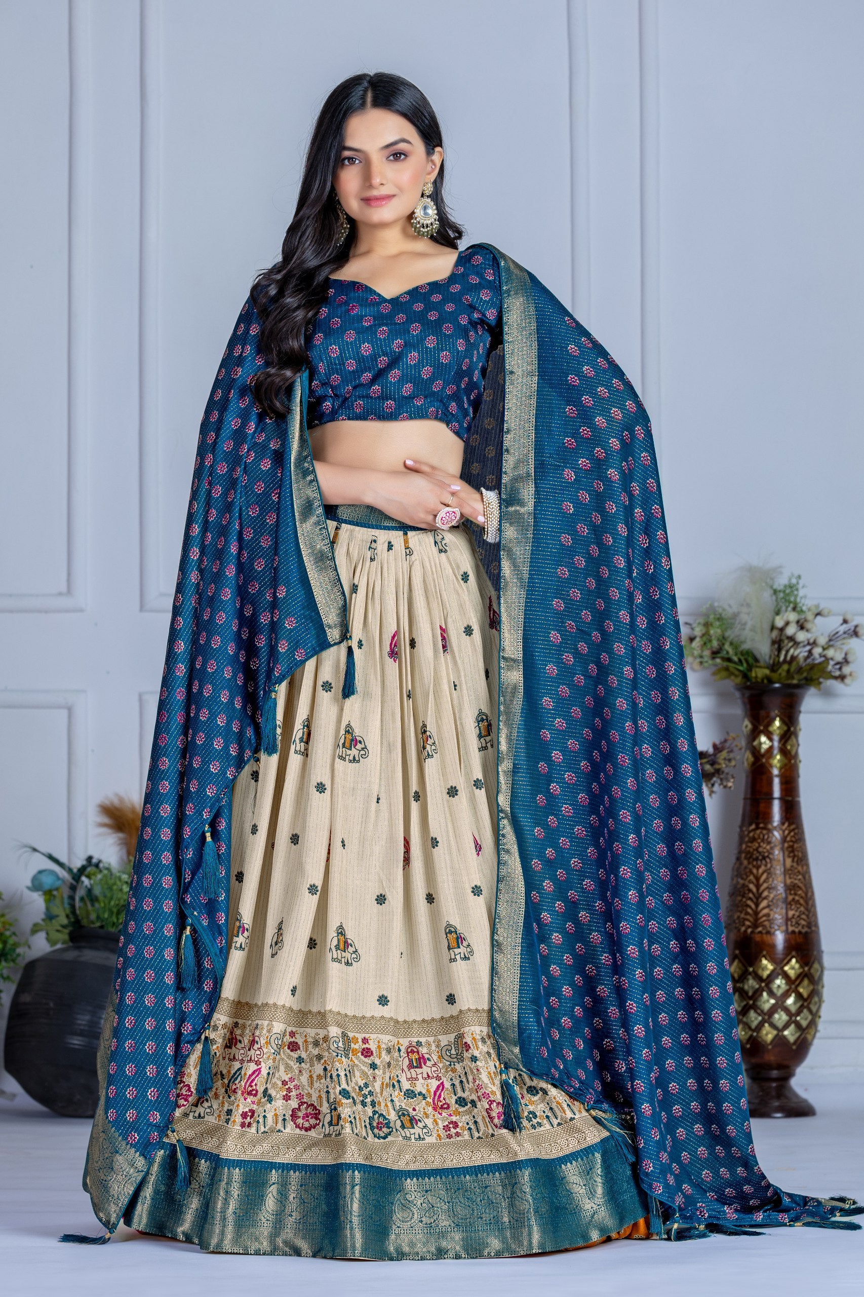 DEIANA'S Jacquard With Jari Print Weaving Lehenga Choli - Off White