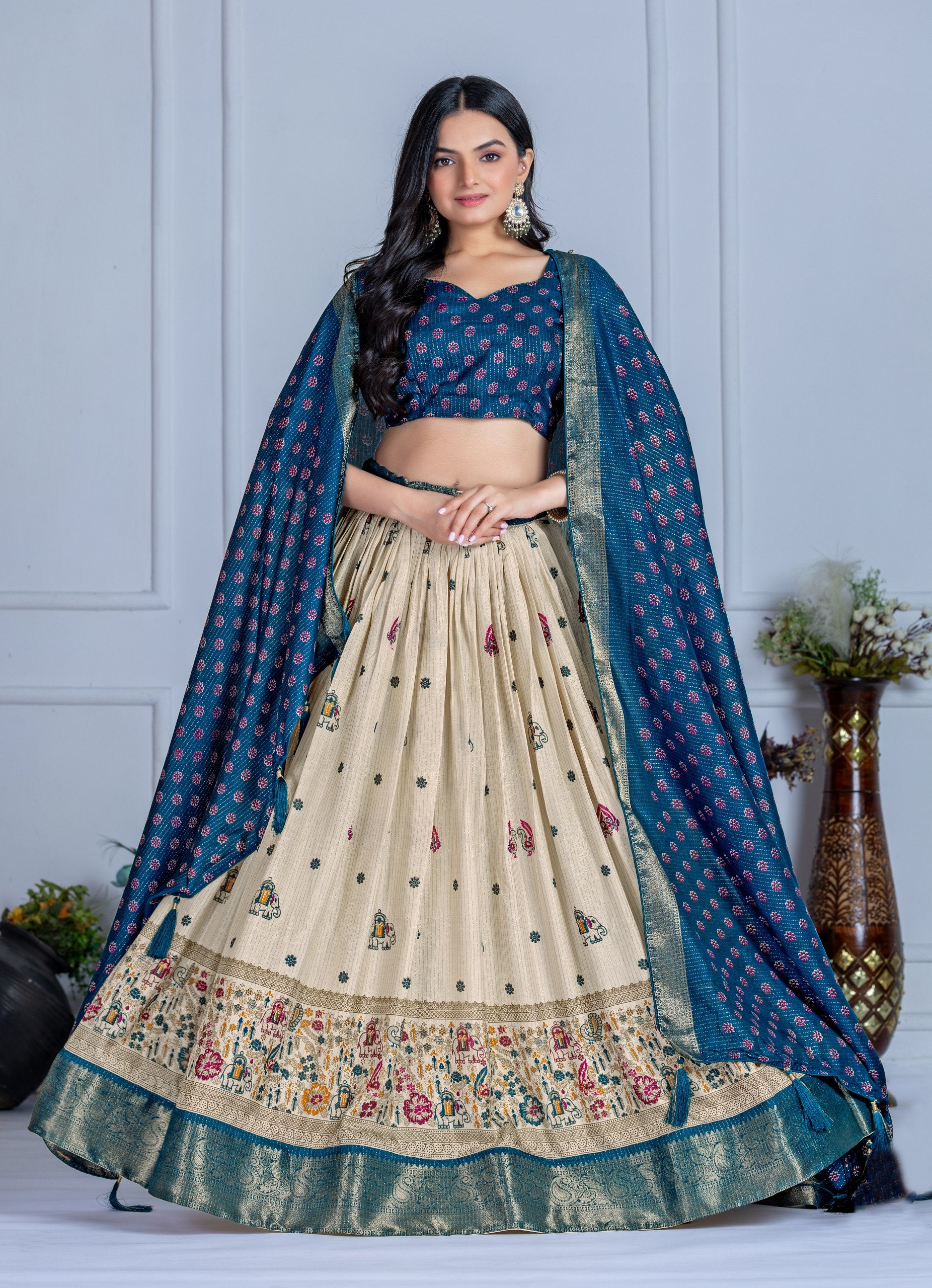 DEIANA'S Jacquard With Jari Print Weaving Lehenga Choli - Off White