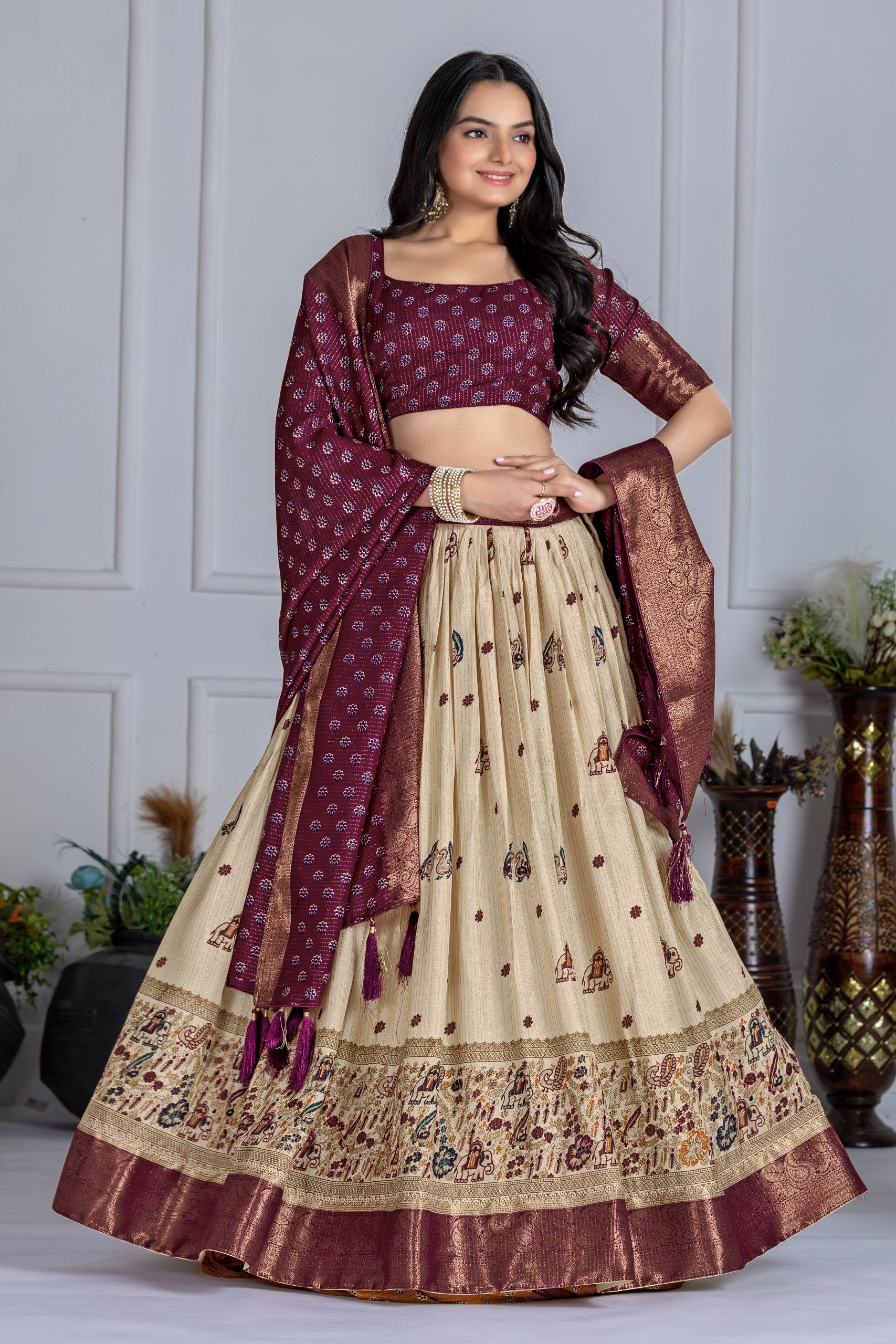 DEIANA'S Jacquard With Jari Print Weaving Lehenga Choli - Off White