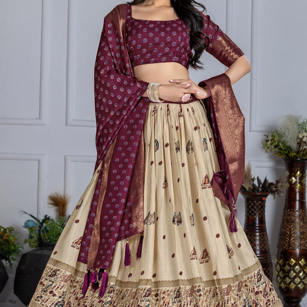 DEIANA'S Jacquard With Jari Print Weaving Lehenga Choli - Off White - Distacart