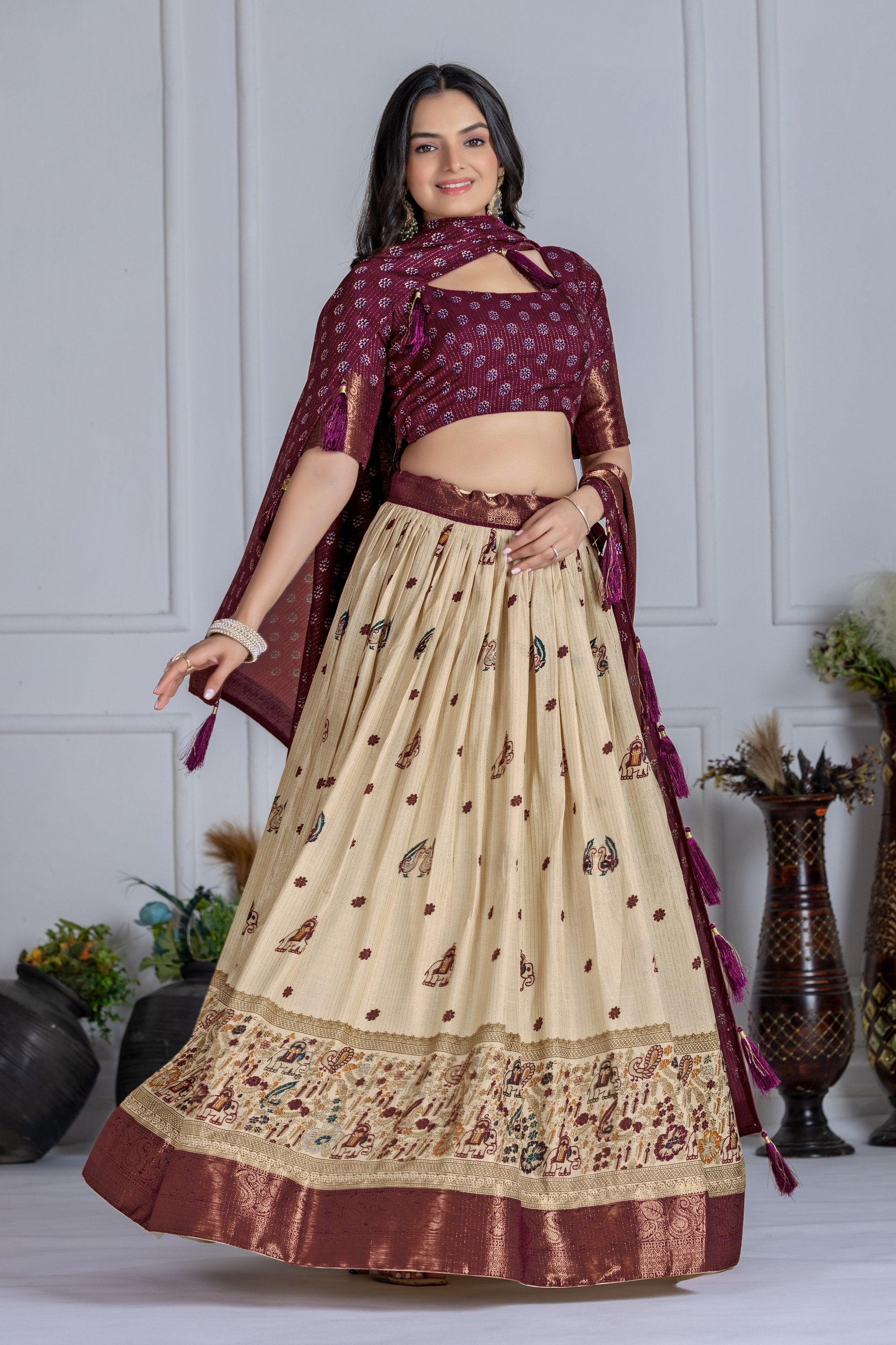 DEIANA'S Jacquard With Jari Print Weaving Lehenga Choli - Off White