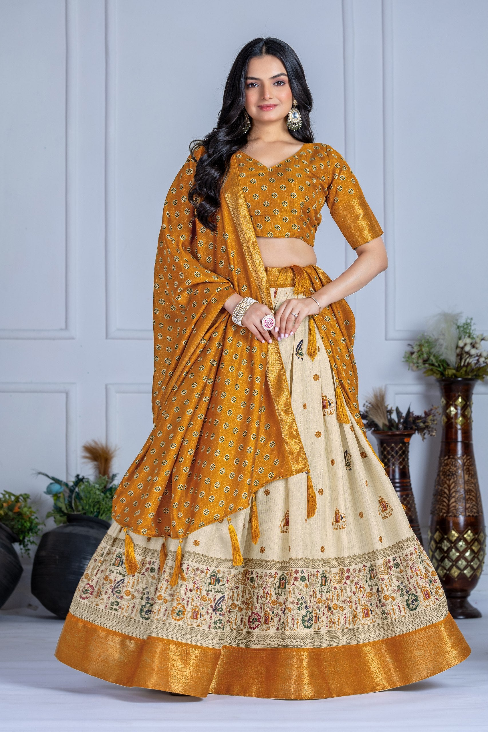 DEIANA'S Jacquard With Jari Print Weaving Lehenga Choli - Off White