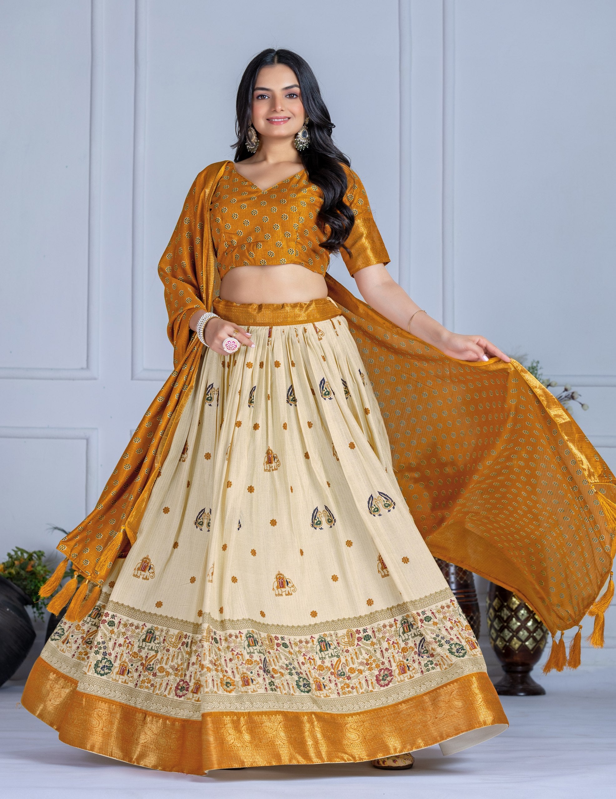 DEIANA'S Jacquard With Jari Print Weaving Lehenga Choli - Off White