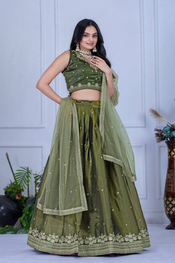 DEIANA'S Heavy Embroidery With Sequence Work Lehenga Choli - Mehndi