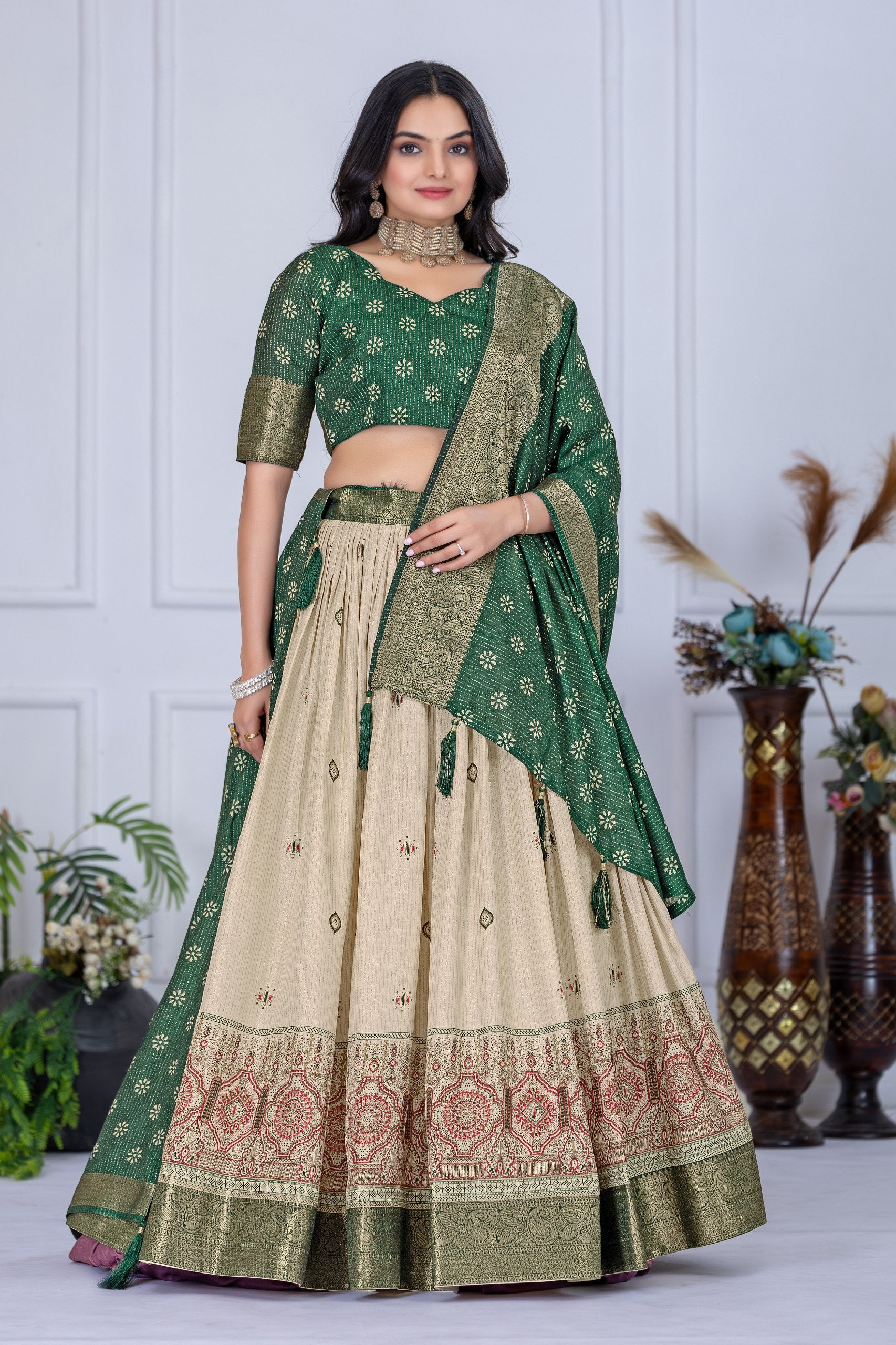 DEIANA'S Jacquard With Jari Lining With Print Lehenga Choli - Off White