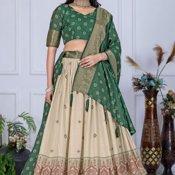DEIANA'S Jacquard With Jari Lining With Print Lehenga Choli - Off White - Distacart