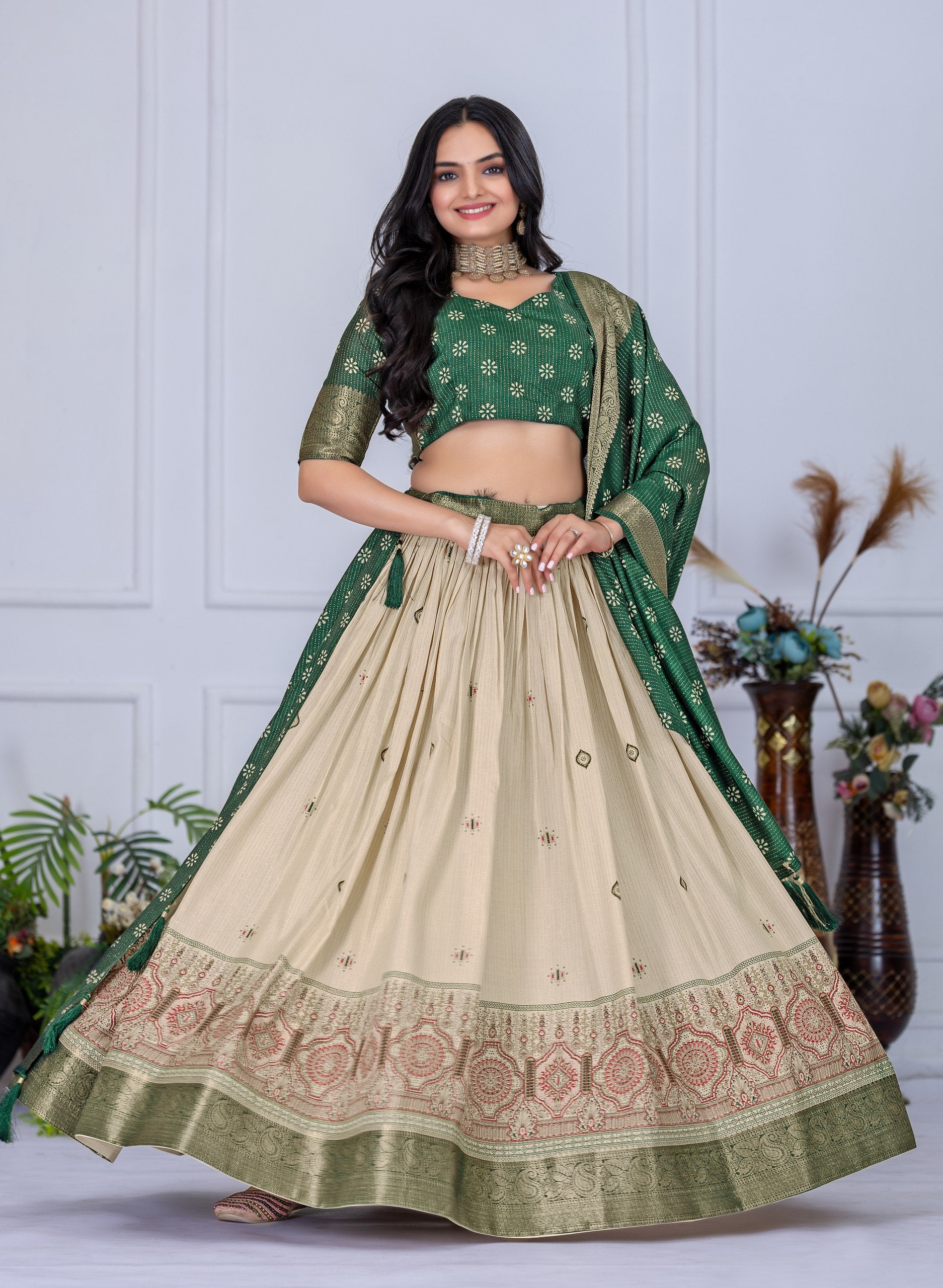 DEIANA'S Jacquard With Jari Lining With Print Lehenga Choli - Off White