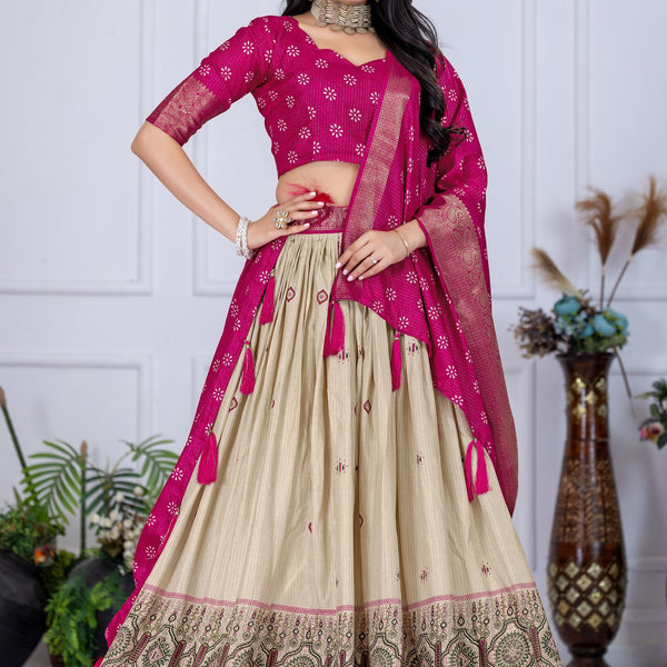 DEIANA'S Jacquard With Jari Lining With Print Lehenga Choli - Off White - Distacart