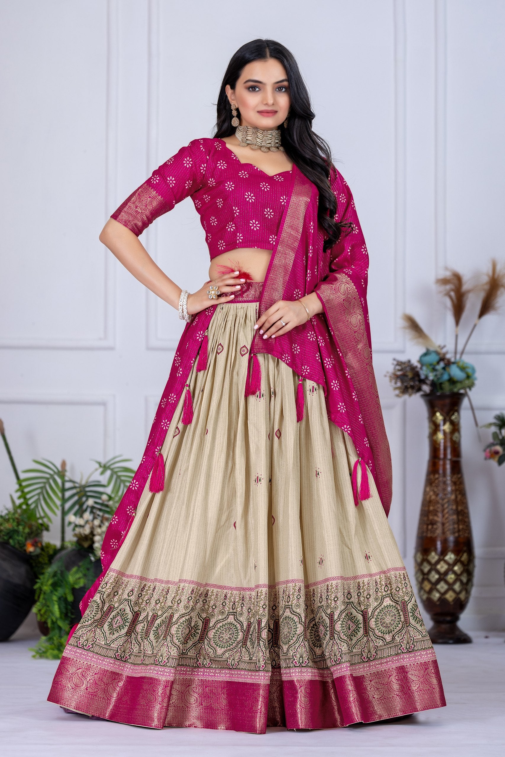 DEIANA'S Jacquard With Jari Lining With Print Lehenga Choli - Off White - Distacart