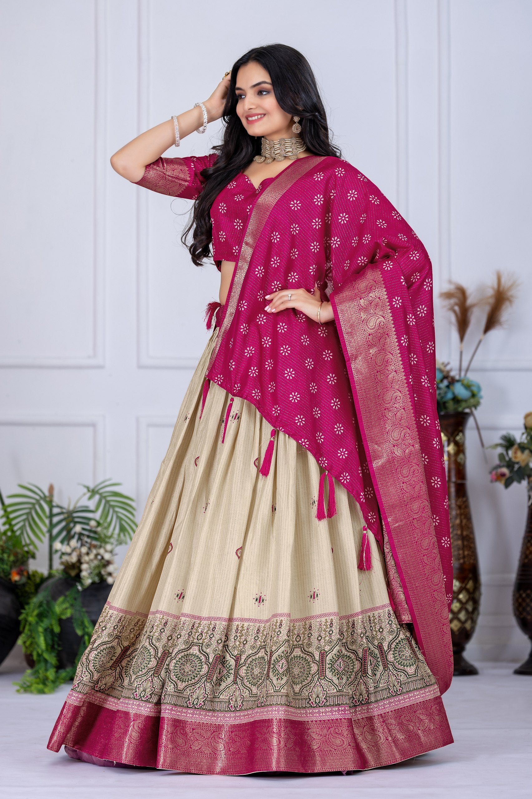 DEIANA'S Jacquard With Jari Lining With Print Lehenga Choli - Off White
