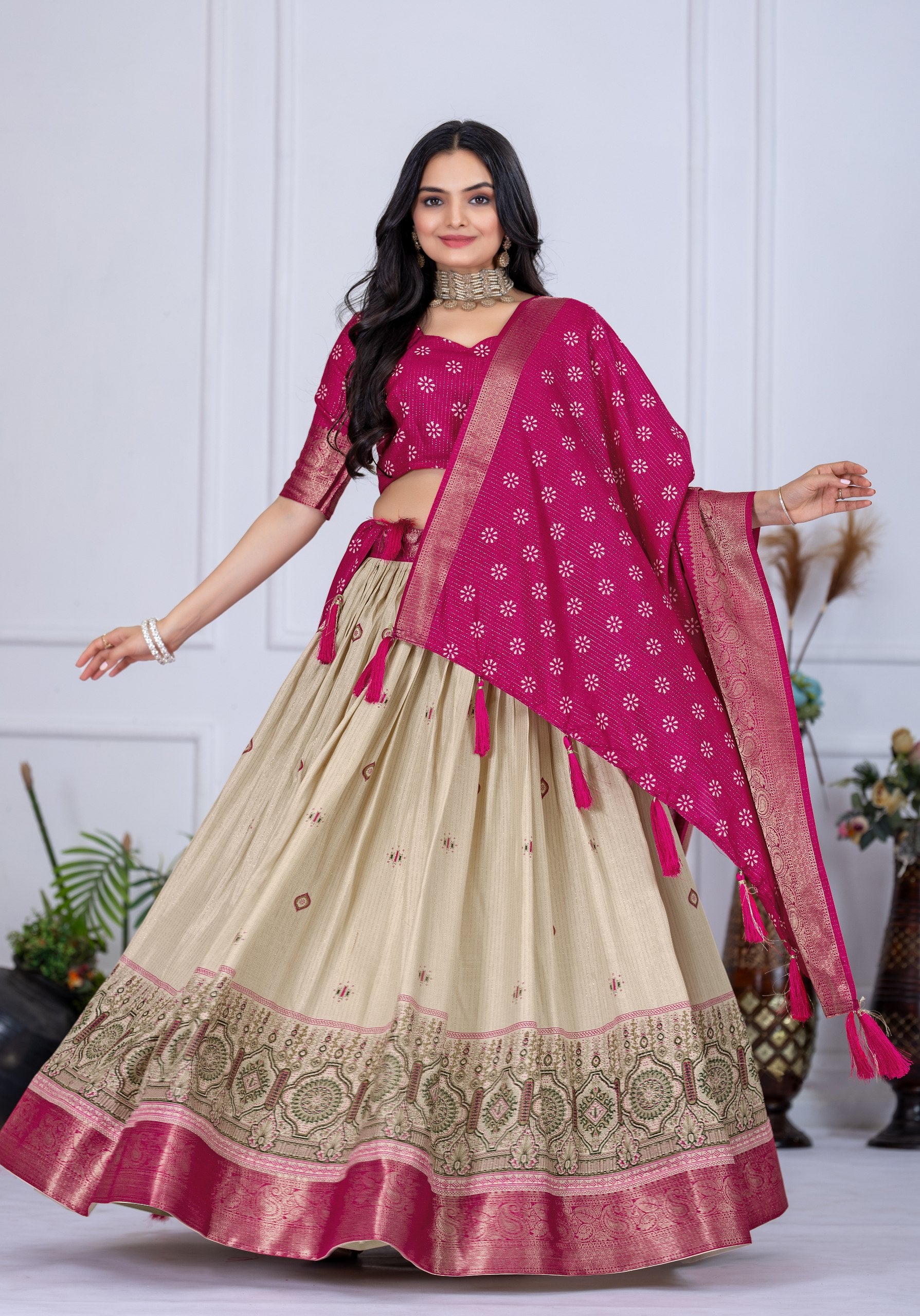 DEIANA'S Jacquard With Jari Lining With Print Lehenga Choli - Off White