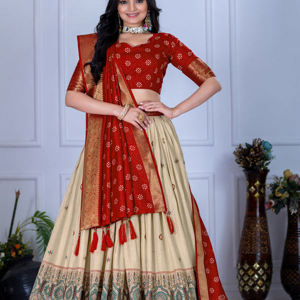 DEIANA'S Jacquard With Jari Lining With Print Lehenga Choli - Off White