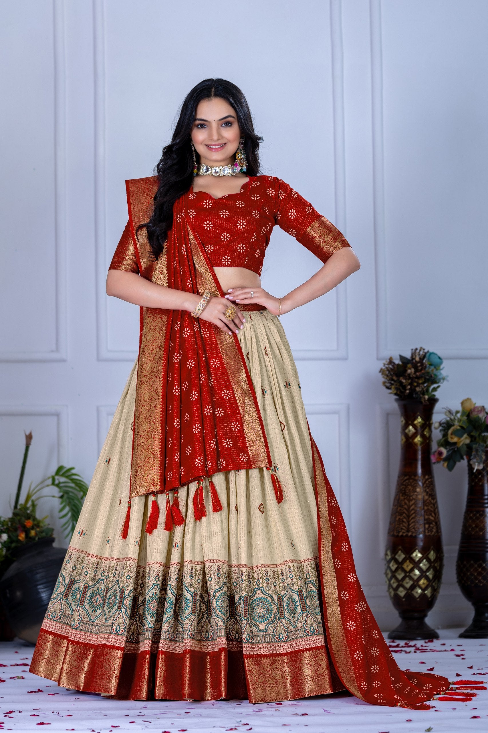DEIANA'S Jacquard With Jari Lining With Print Lehenga Choli - Off White - Distacart