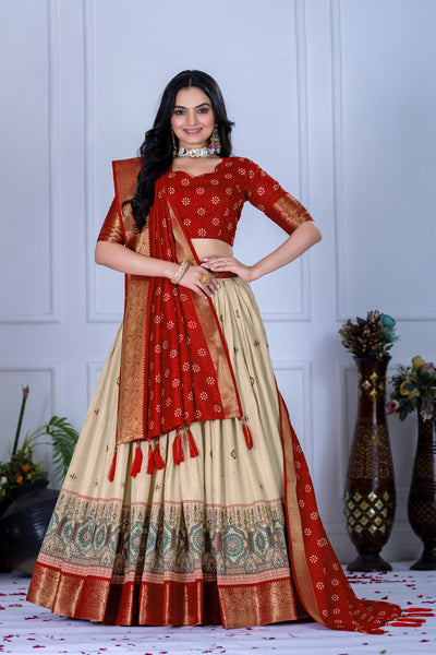 DEIANA'S Jacquard With Jari Lining With Print Lehenga Choli - Off White