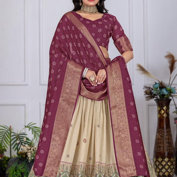 DEIANA'S Jacquard With Jari Lining With Print Lehenga Choli - Off White