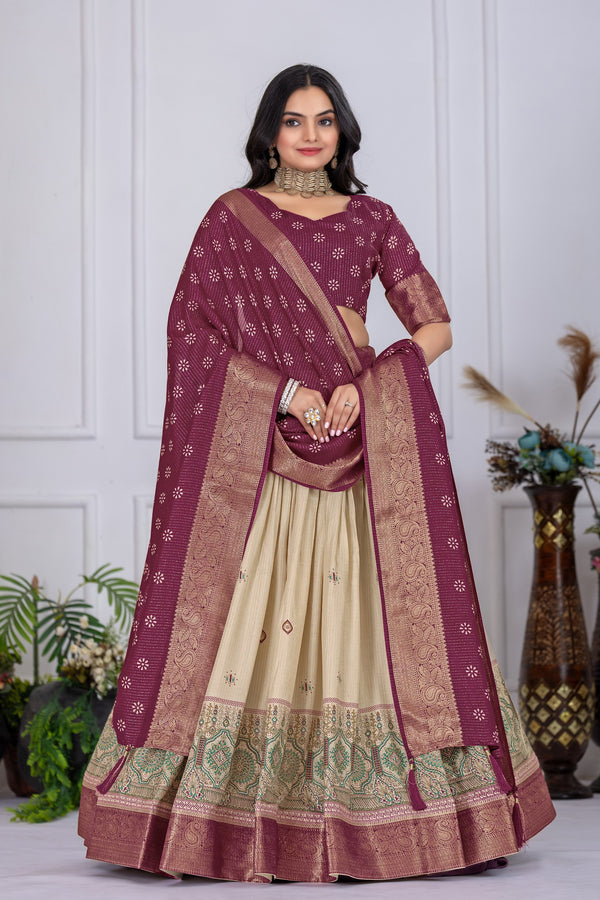 DEIANA'S Jacquard With Jari Lining With Print Lehenga Choli - Off White
