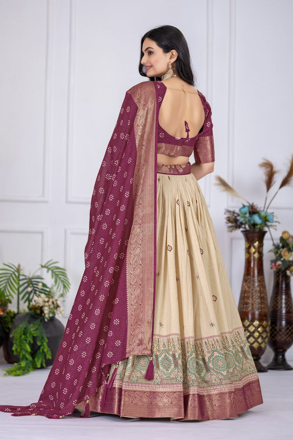 DEIANA'S Jacquard With Jari Lining With Print Lehenga Choli - Off White