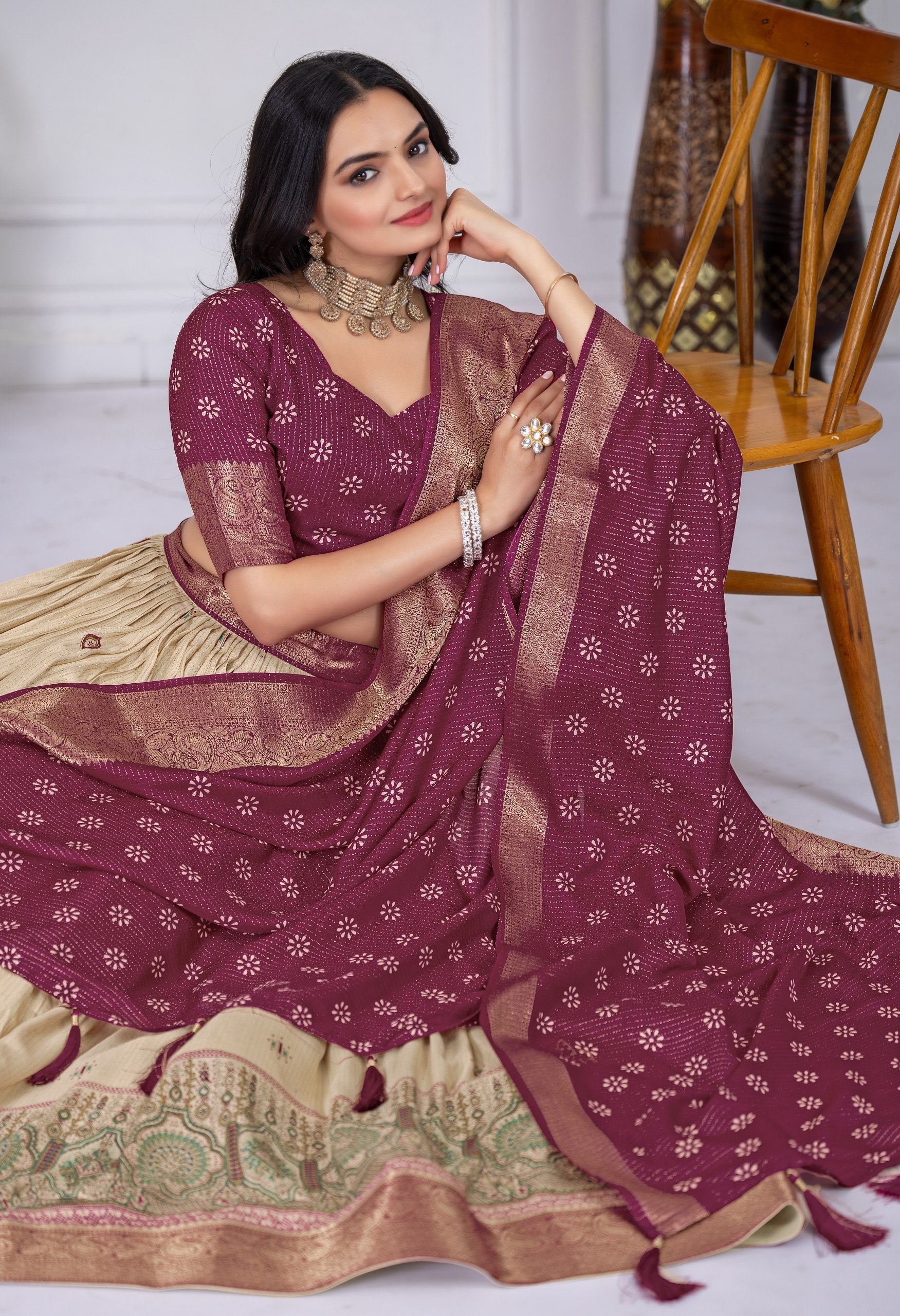 DEIANA'S Jacquard With Jari Lining With Print Lehenga Choli - Off White