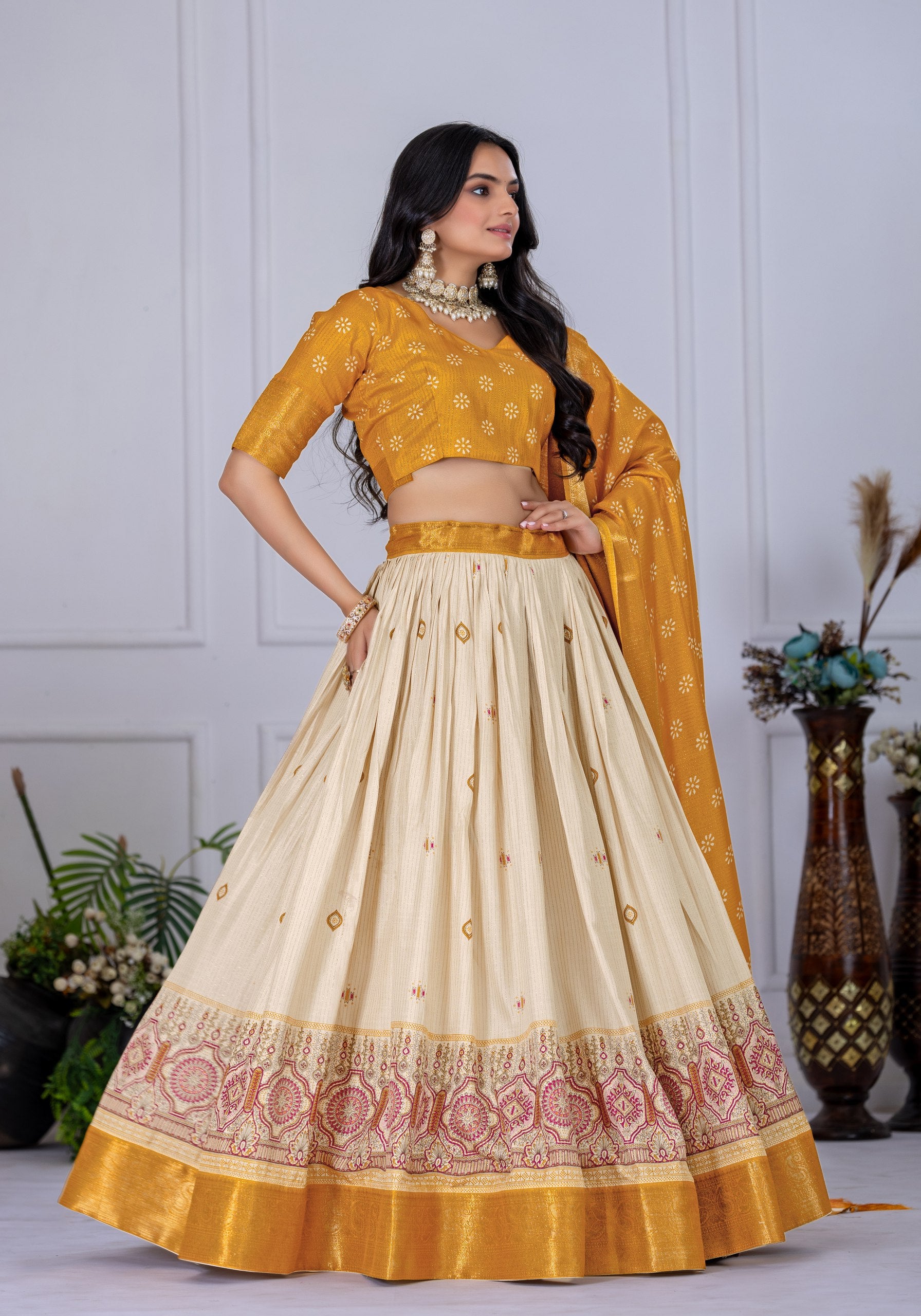 DEIANA'S Jacquard With Jari Lining With Print Lehenga Choli - Off White