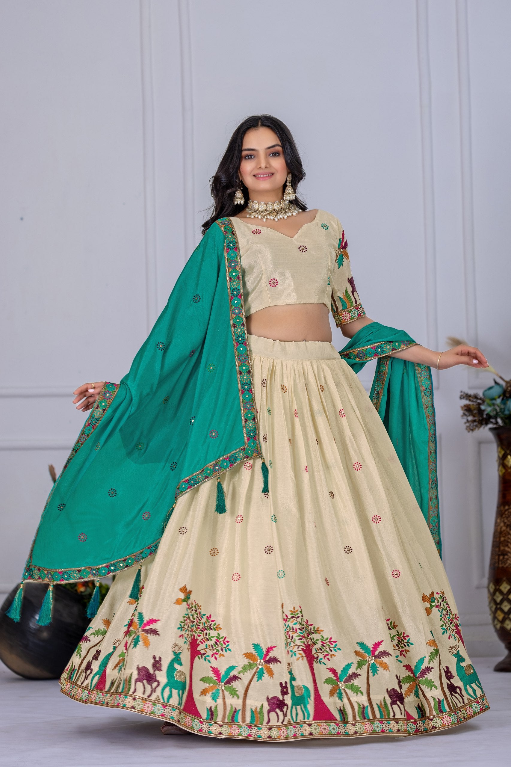DEIANA'S Heavy Embroidery With Multi Color Work Lehenga Choli - Off White