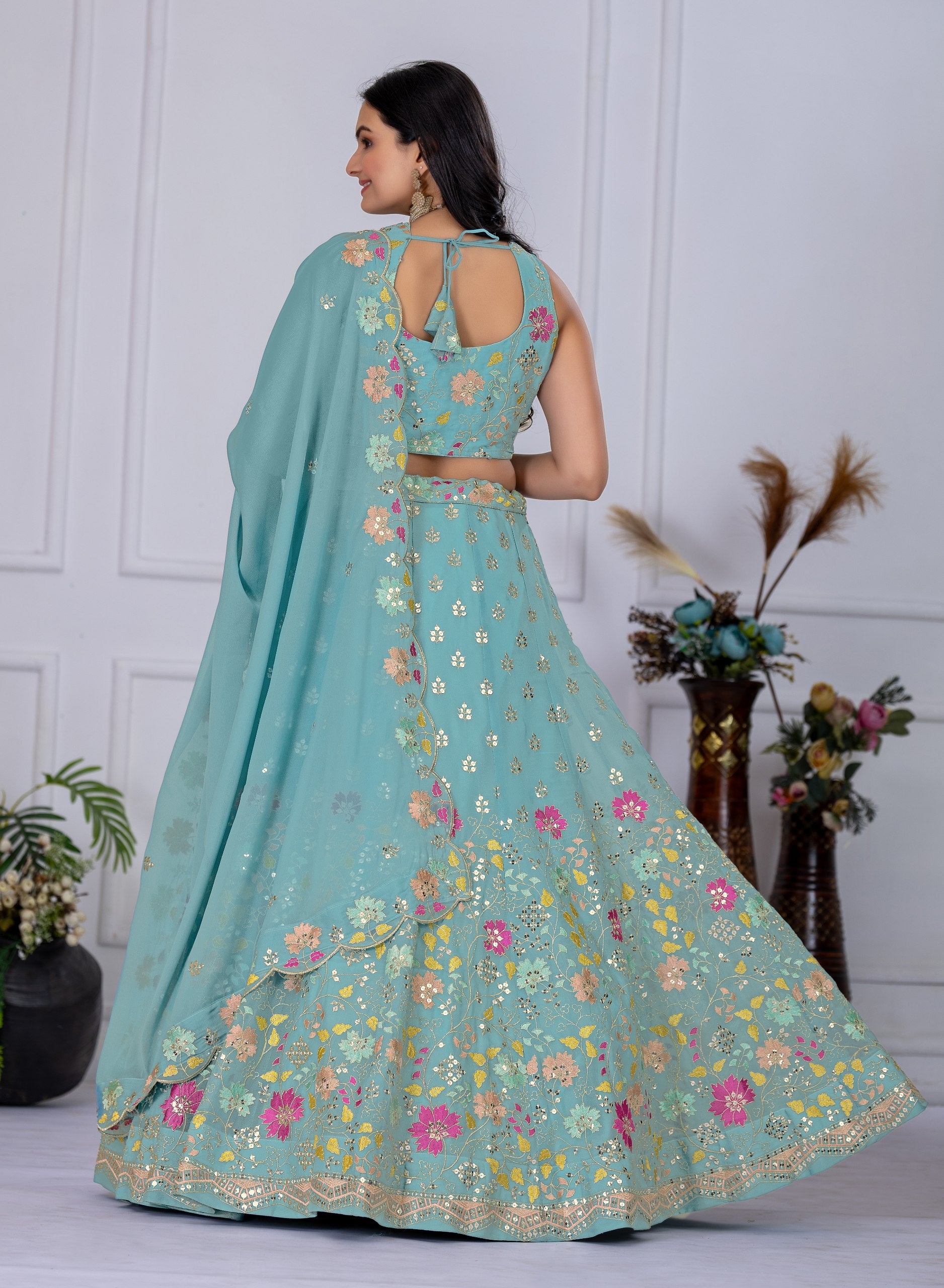 DEIANA'S Heavy Embroidery With Multi Thread Work Lehenga Choli - Firozi