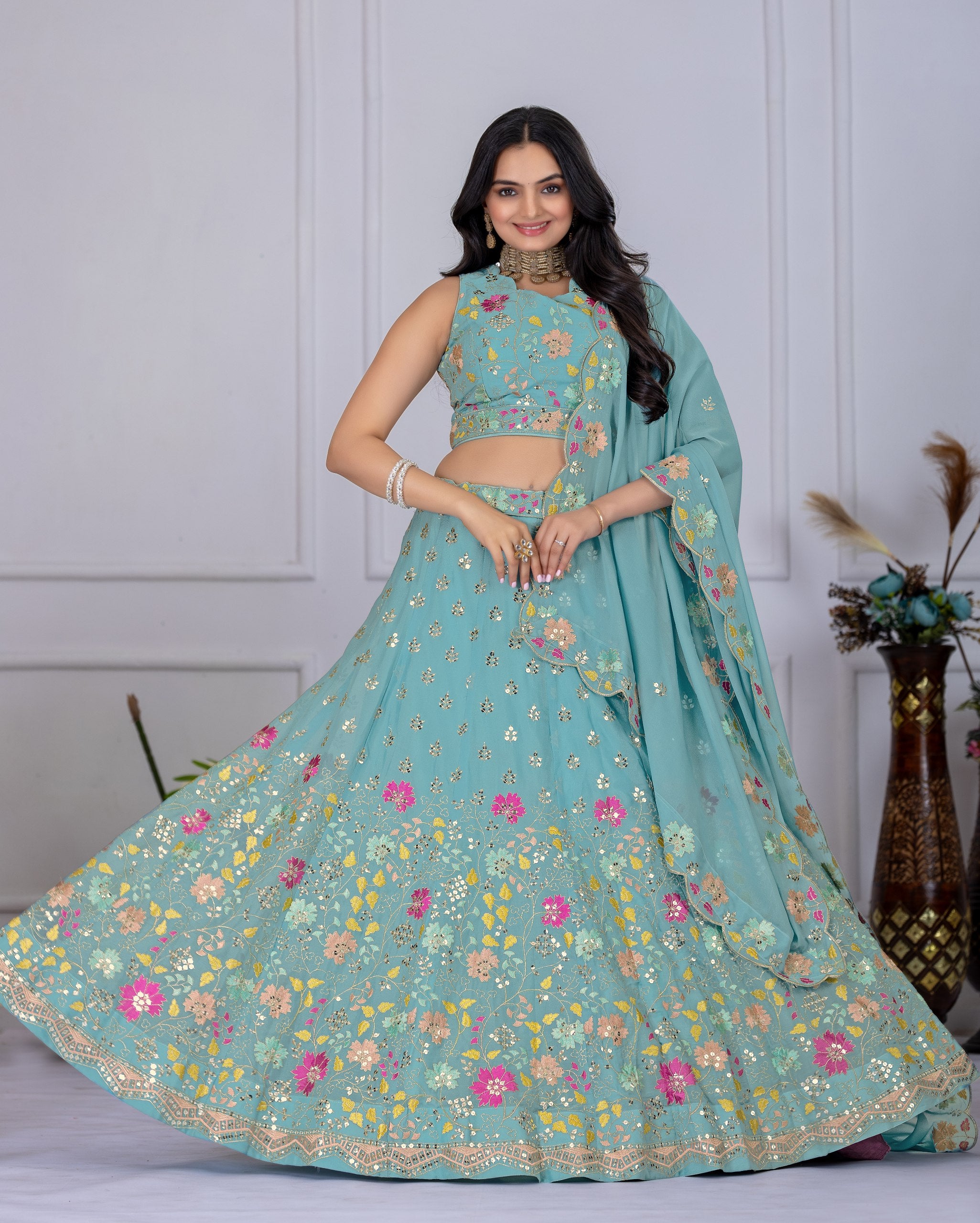 DEIANA'S Heavy Embroidery With Multi Thread Work Lehenga Choli - Firozi