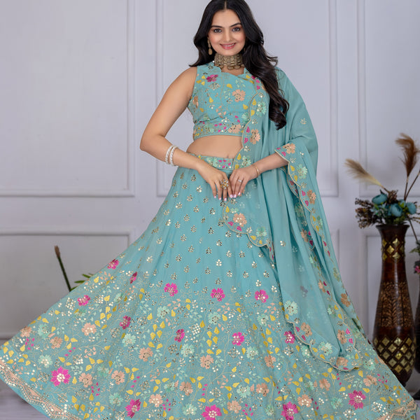 DEIANA'S Heavy Embroidery With Multi Thread Work Lehenga Choli - Firozi - Distacart