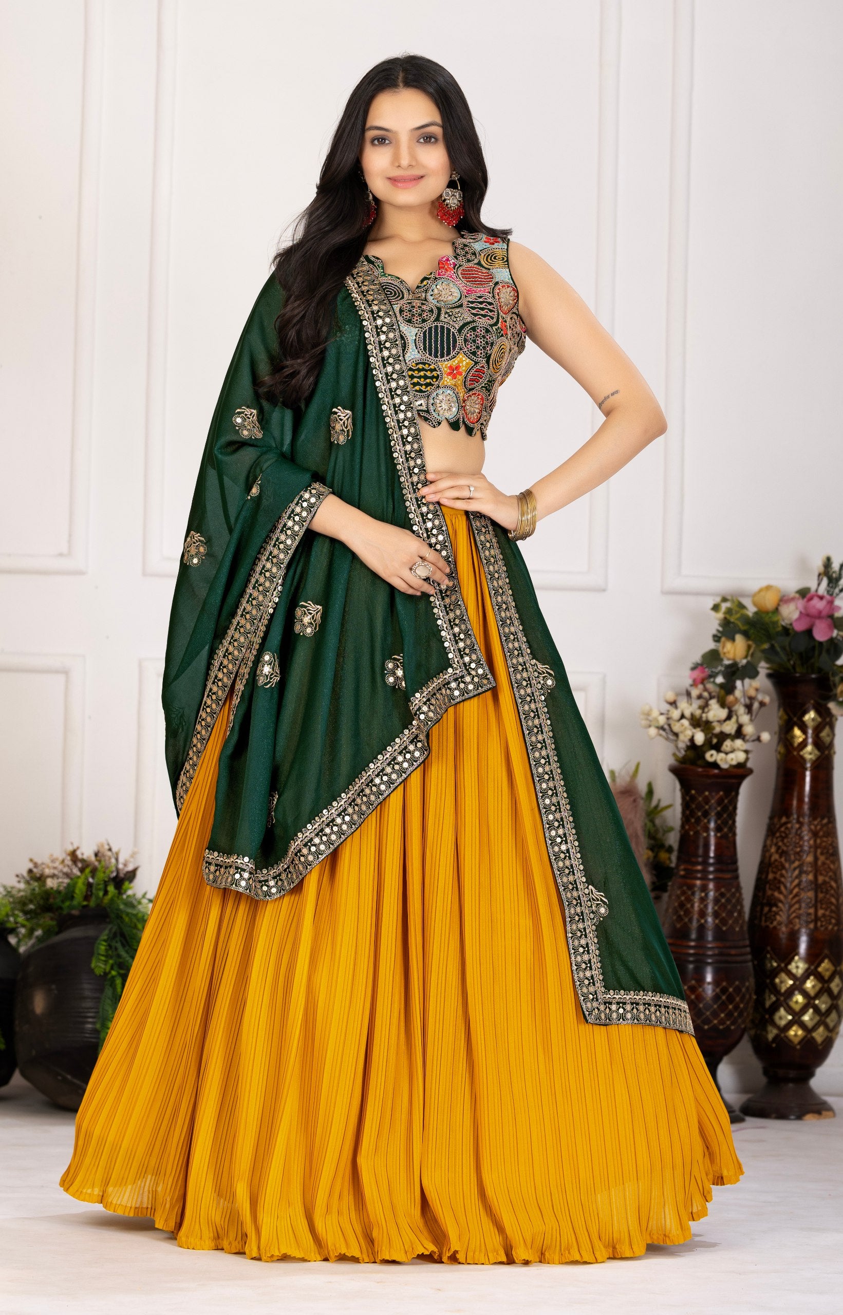DEIANA'S Heavy Plain with crease work Lehenga Choli - Yellow - Distacart