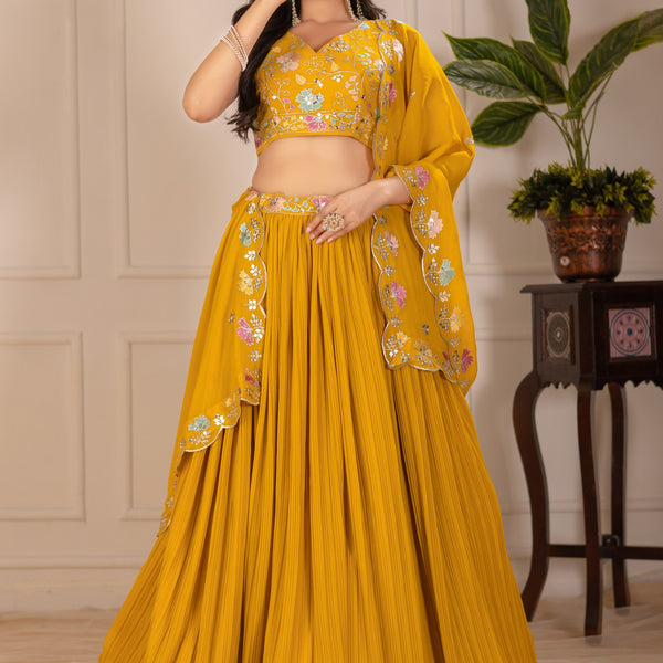 DEIANA'S Heavy Plain with crease work Lehenga Choli - Yellow - Distacart