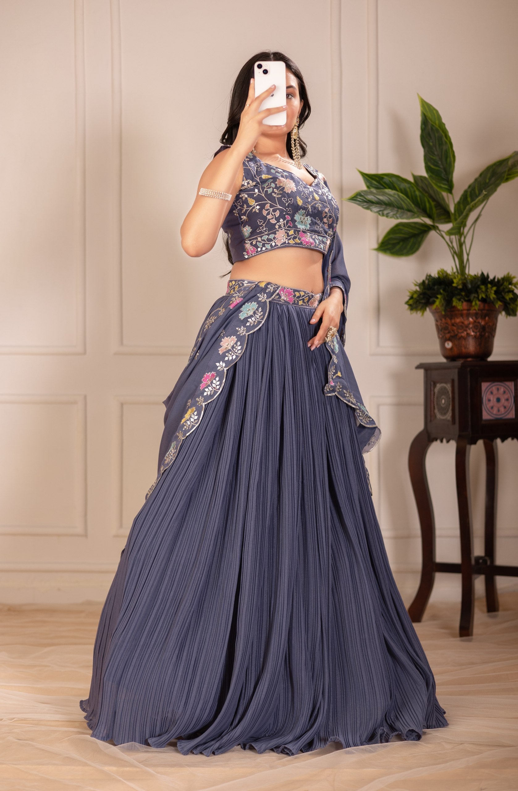 DEIANA'S Heavy Plain with crease work Lehenga Choli - Grey