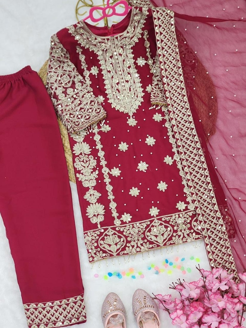 Evanik Elegant Maroon Georgette Embroidered Work Girls' Salwar Suit Set - Dista