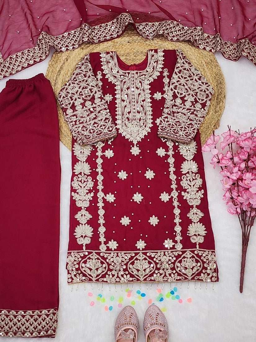 Evanik Elegant Maroon Georgette Embroidered Work Girls' Salwar Suit Set - Dista