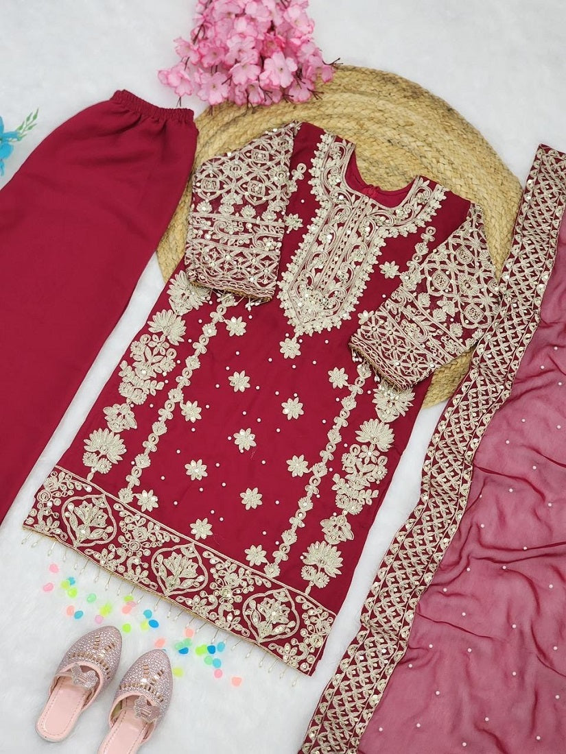 Evanik Elegant Maroon Georgette Embroidered Work Girls' Salwar Suit Set - Dista