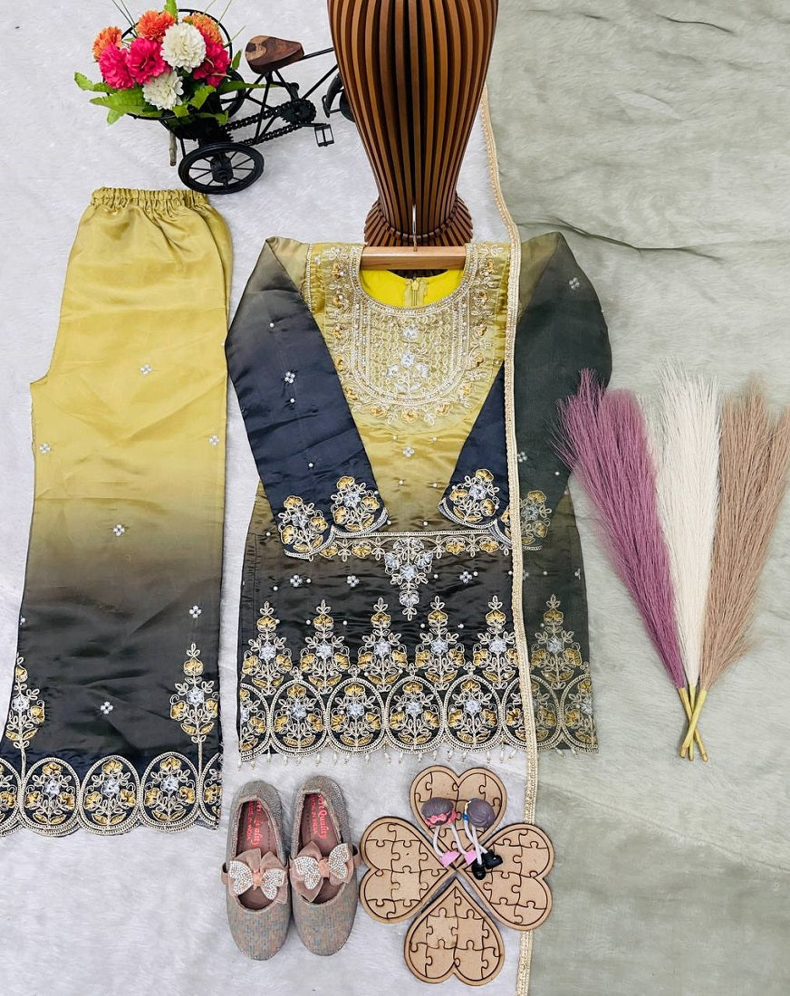 Evanik Kids Multicolor Heavy Silk Embroidered Work Salwar Suit - Dista