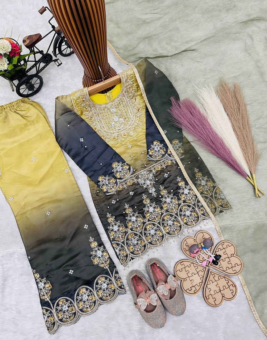 Evanik Kids Multicolor Heavy Silk Embroidered Work Salwar Suit - Dista