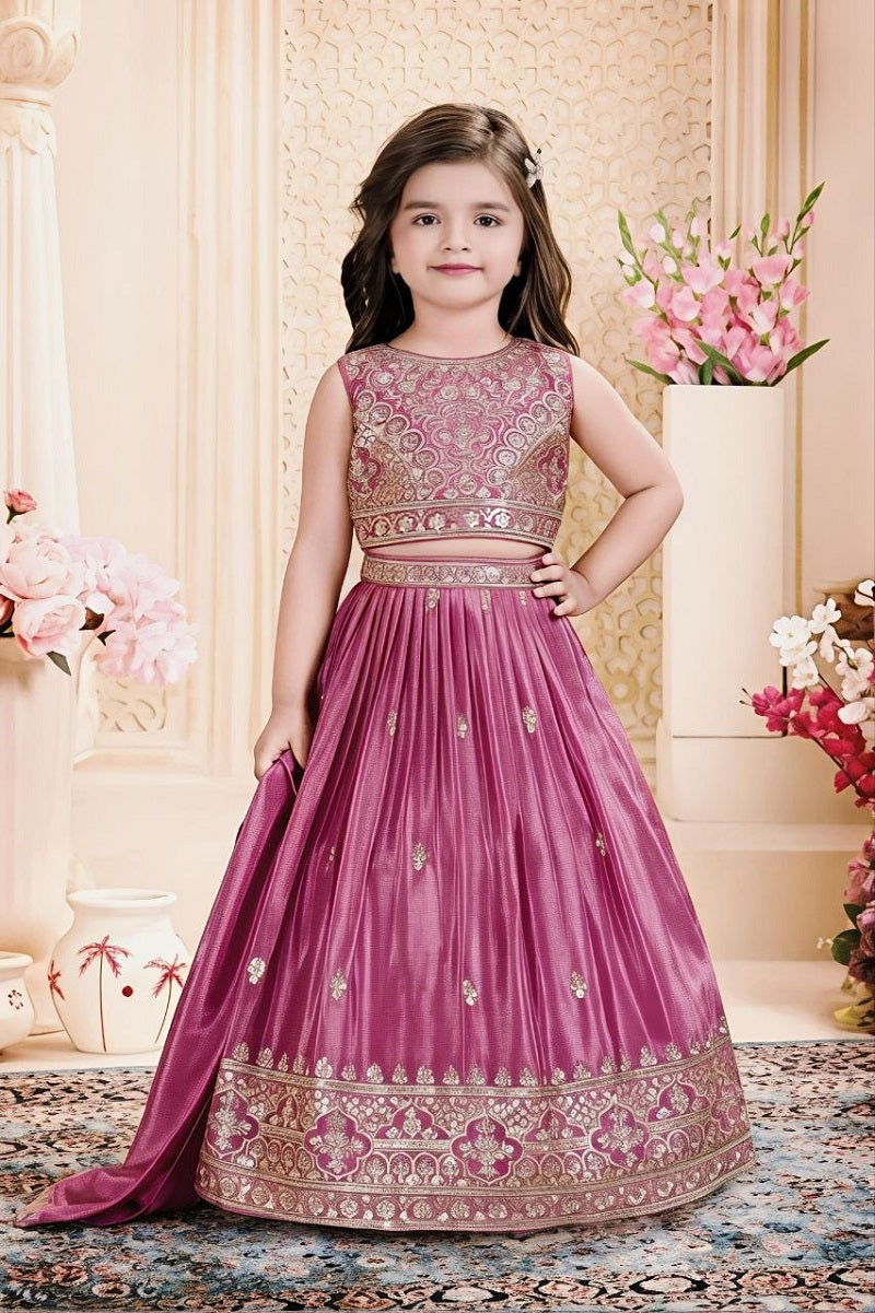 Evanik Designer Pink Chinon Silk Embroidered Work Wedding Lehenga For Kids - Dista