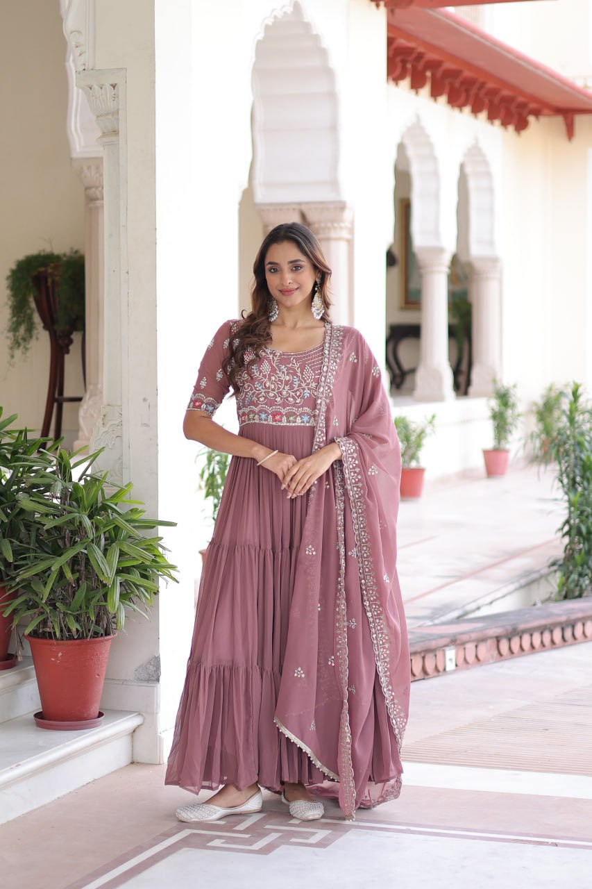 Evanik Women Faux Blooming With Beads Embroidery Work Gown Dupatta Collection - Distacart