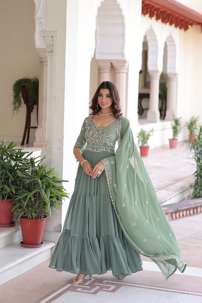 Evanik Women Faux Blooming With Beads Embroidery Work Gown Dupatta Collection - Distacart