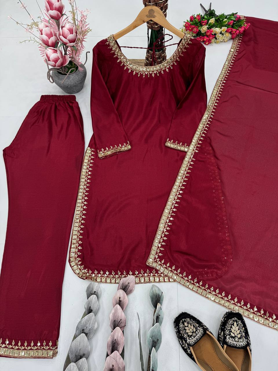Pramukh Fab Maroon Color Chinon Kurta Pent Pair