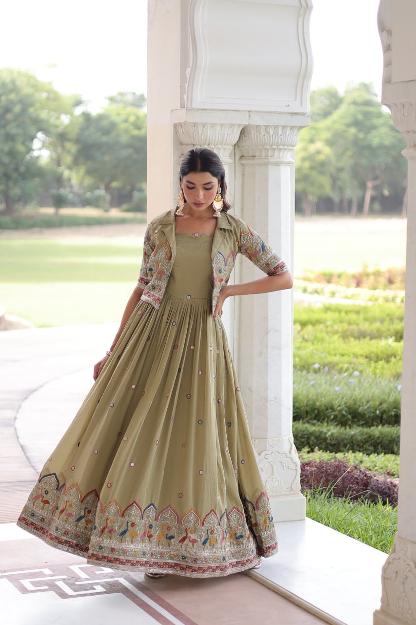 Evanik Women Vichitra Silk With Sequins, Zari & Thread Embroidered work Gown With Stylish Koti