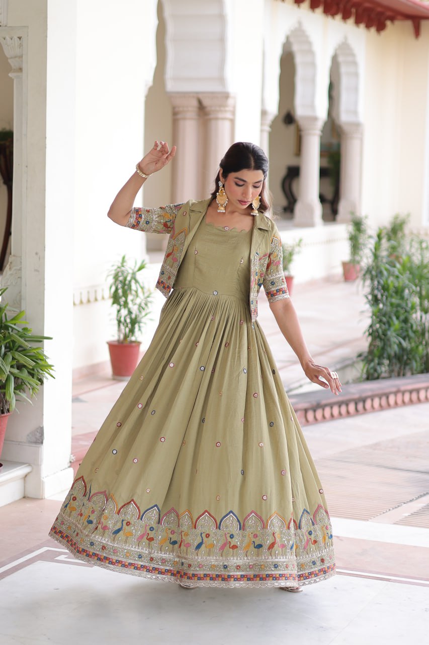 Evanik Women Vichitra Silk With Sequins, Zari & Thread Embroidered work Gown With Stylish Koti - Distacart