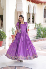 Thumbnail for Evanik Women Vichitra Silk With Sequins, Zari & Thread Embroidered work Gown With Stylish Koti - Distacart