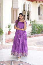 Thumbnail for Evanik Women Vichitra Silk With Sequins, Zari & Thread Embroidered work Gown With Stylish Koti - Distacart